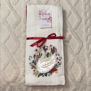 Embroidered Swan Queen White Red Christmas Holiday Tea Kitchen Towels set of 3